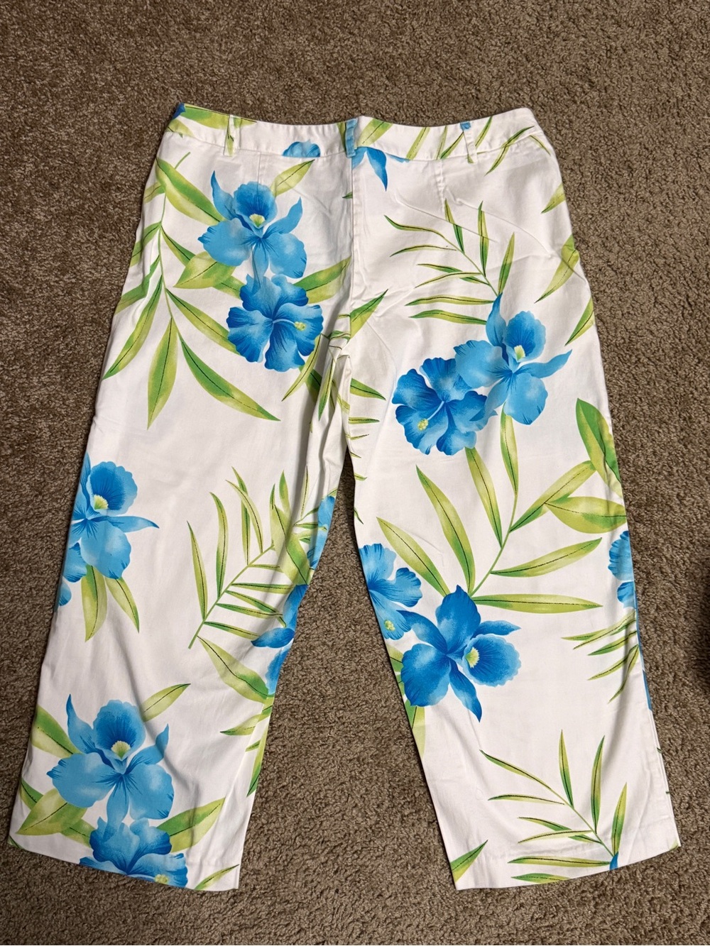 George White Pants with Blue Floral and Green Leaf Print